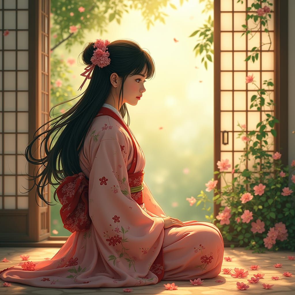 Japanese Woman in Traditional Kimono Contemplates in Serene ...
