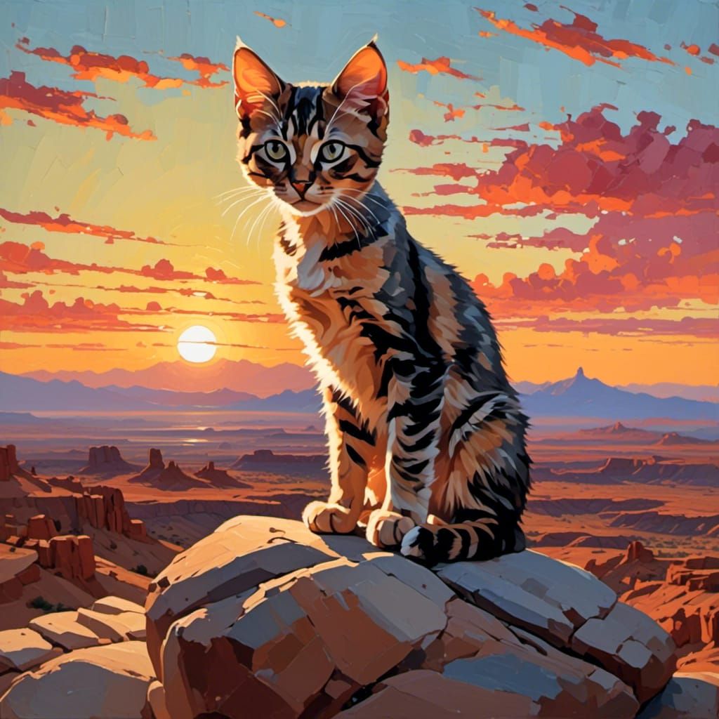 A Grumpy Kitten sitting on a rock, stunning desert sunset. Endless landscape view. <lora:Stellar Brews:1.0> 