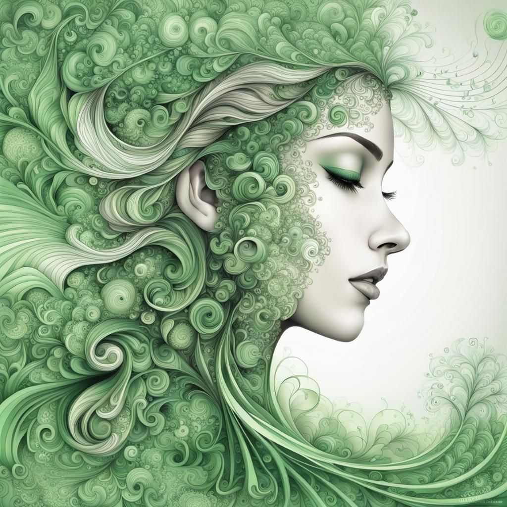 imagem de mulher de cabelos longos e olhos verdes mesclada com elementos da natureza
