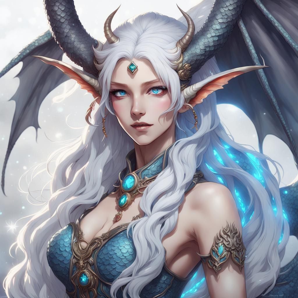 Dragon woman, white skin with opaline scales, 4 horns, long ...