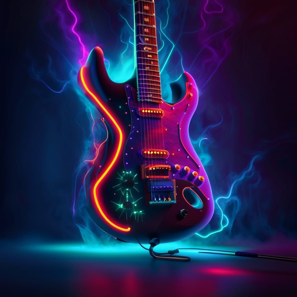 A custom made electric guitar with a glowing body neon strings