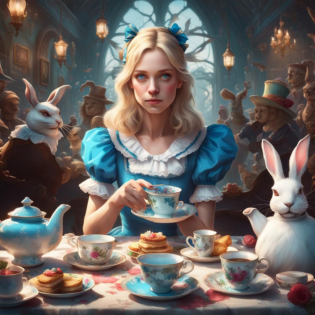 Alice in wonderland as an adult with the white rabbit in a tea party - AI  Generated Artwork - NightCafe Creator