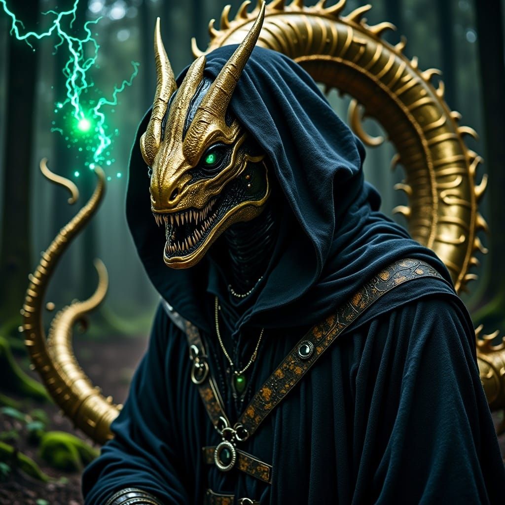 <lora:Guardians:0.66> otherworldly, dreamlike wonder, gold xenomorph, hooded black robes, 