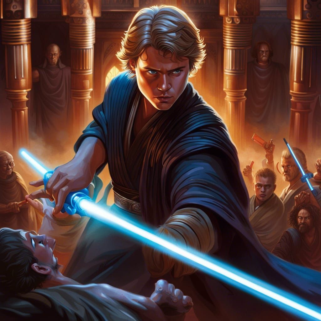 Anakin Skywalker holds the blue lightsaber as his dark side turns to ...