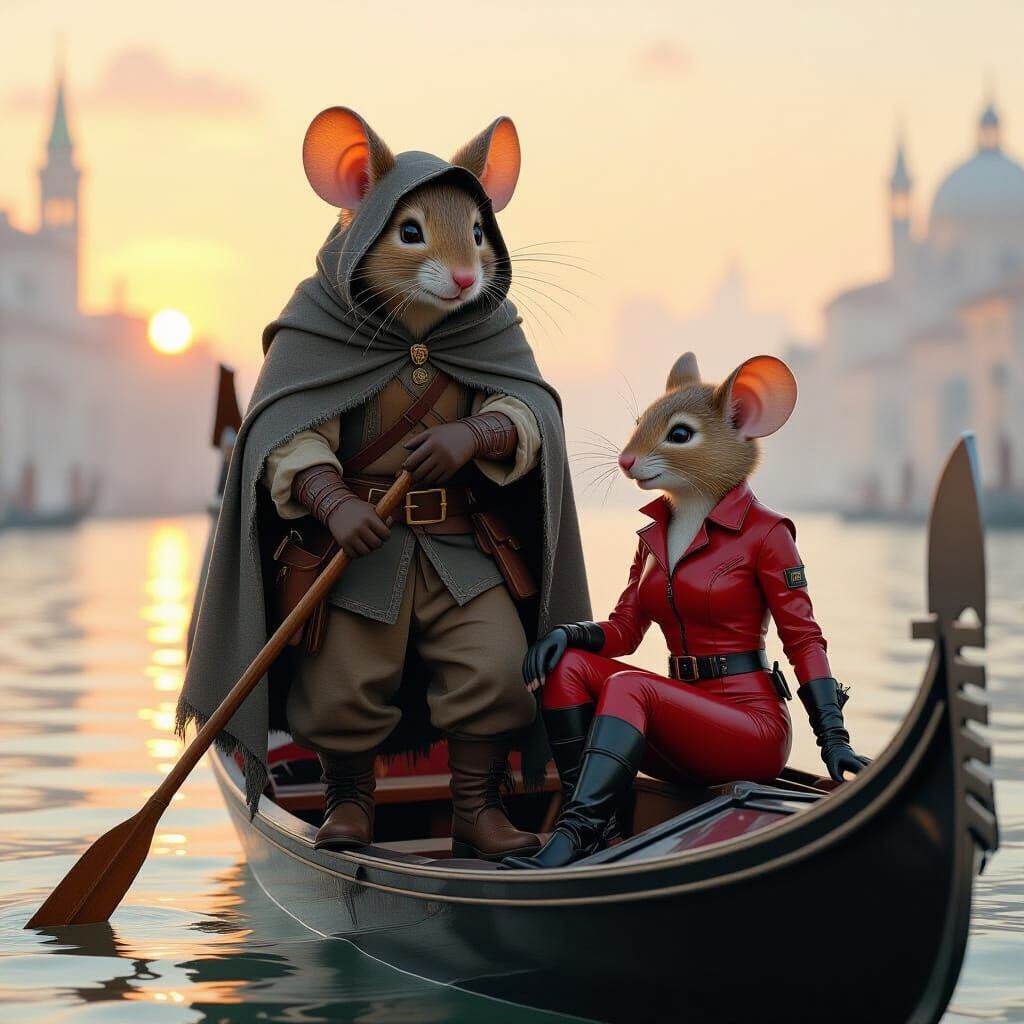 a highly detailed anthropomorphic mouse in worn clothes, a gray cloak on his back and head, boots on his feet. In the evening, he plays the ...