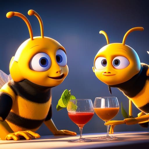 2 bees from the bee movie, drinking at a bee bar, by Ozgur Ustundag