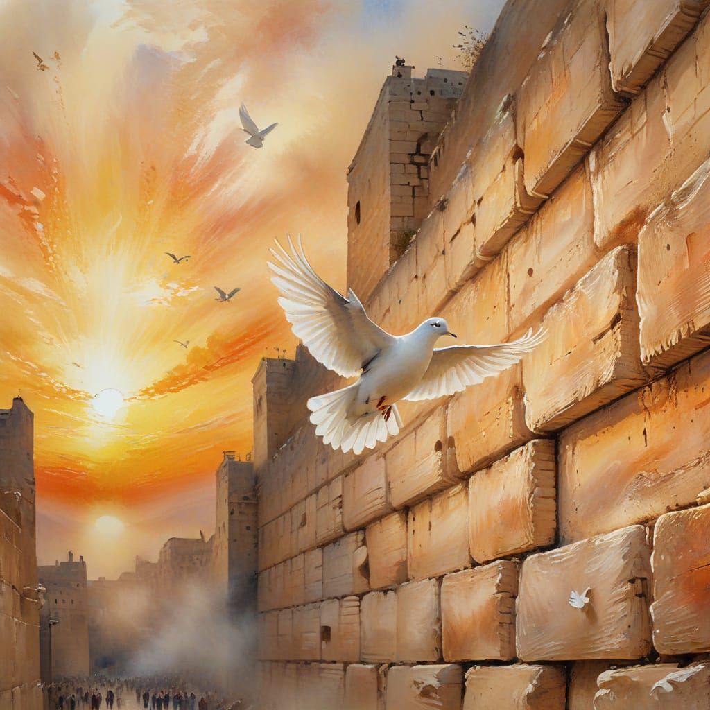 Dove Ascending at Western Wall: Watercolor Impression