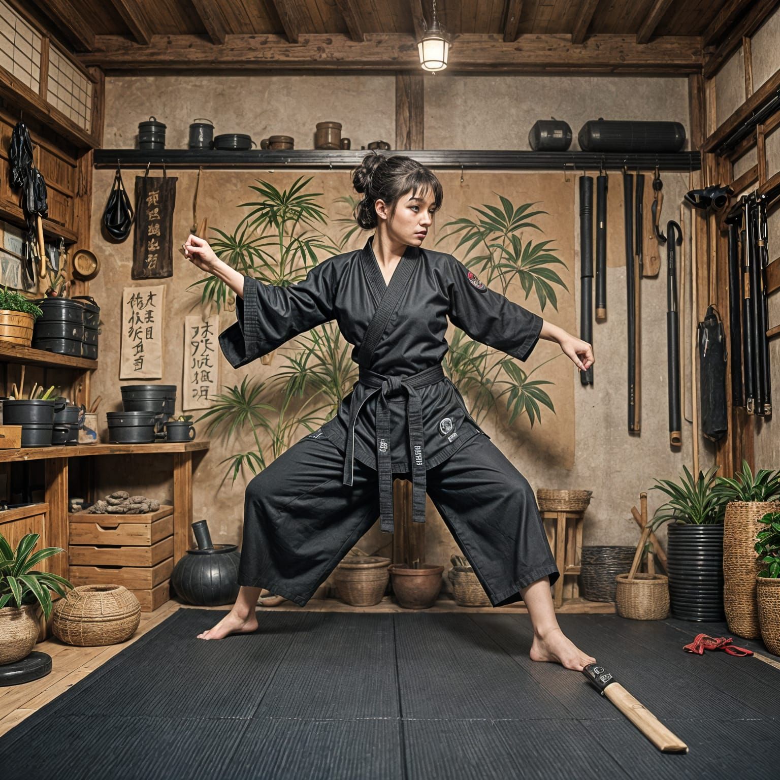 Asian woman in black karate gi attire in her garage with mats