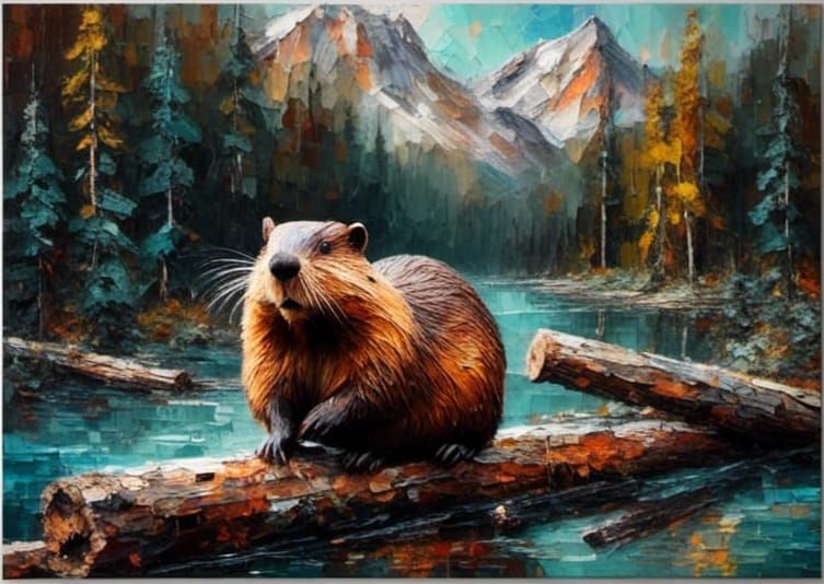 Beautiful Beaver in a Canadian setting, oil painting