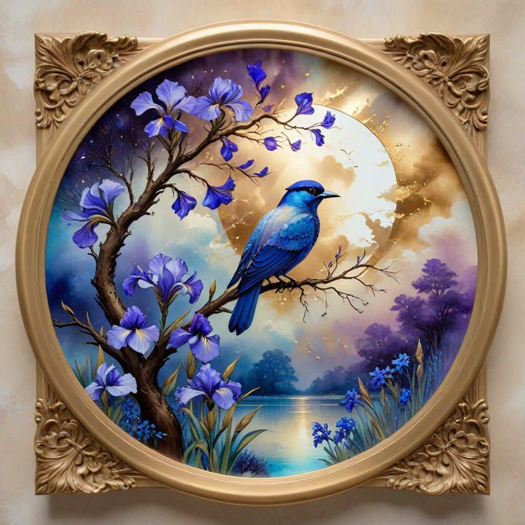 alcohol ink art blue tint, Circular design of clouds, blue Iris flowers, and a tree with a purple bird. Surrounded by a gold frame on a buff...