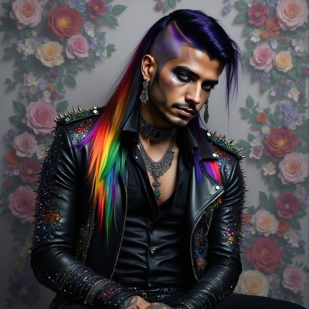 <lora:Special Intensity:1.0> Glamorous rainbow and black clothed Arabic goth metalhead young man, glam rocker man, spikes, rainbow embroider...
