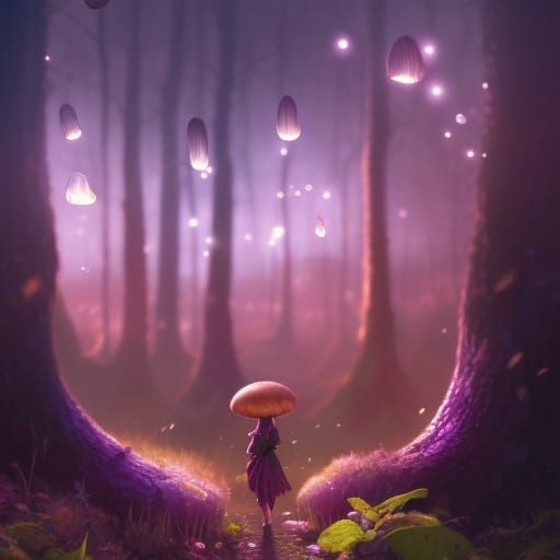 Mushroom fairy walking through the enchanted forest  by @Uni