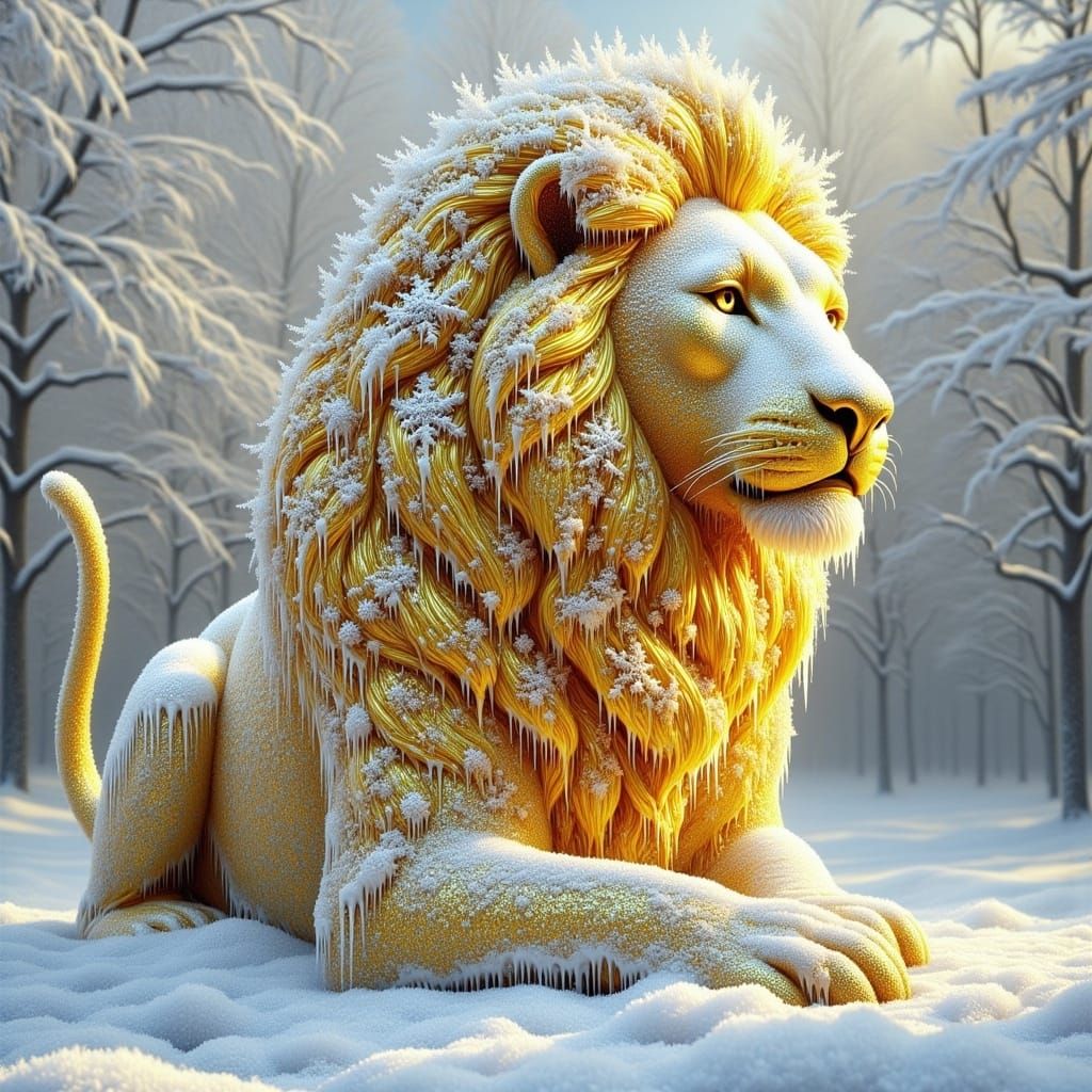 <lora:Frozen time:1.0>a golden lion made entirely of colorful snowflakes in the snow. 