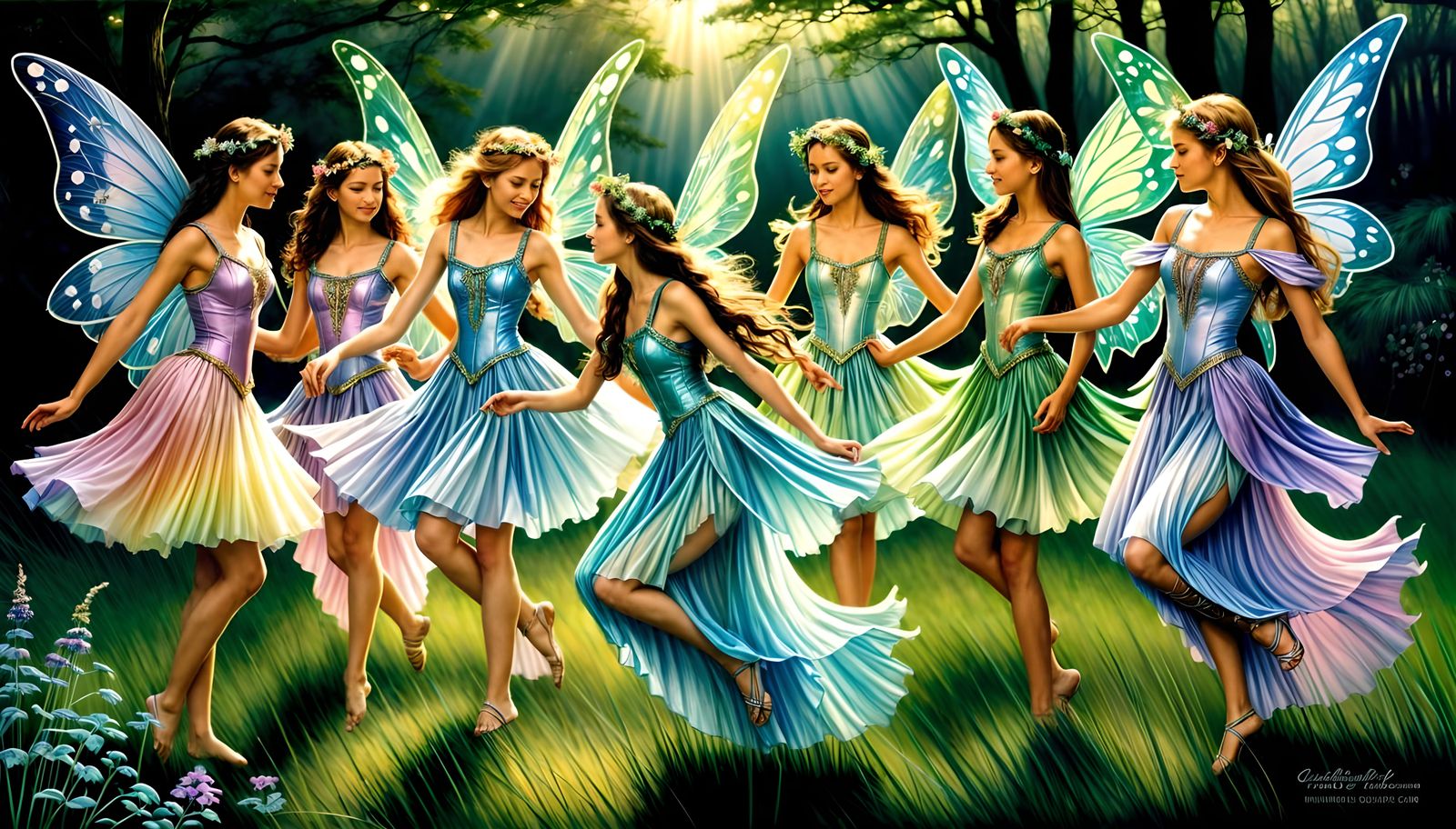 Fairies dancing in a Norwegian forest clearing