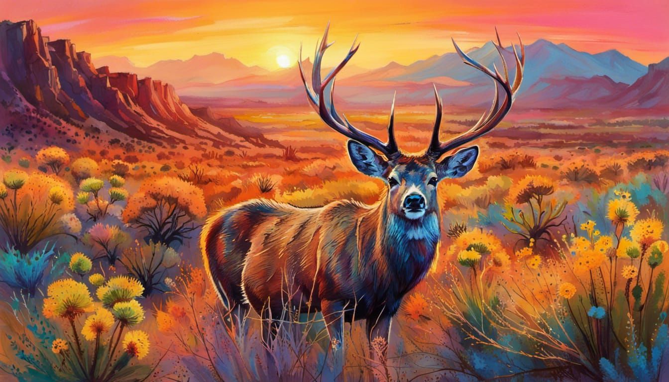 multicolored Ink flow, mule deer at sunset in the Sonoran Desert ...