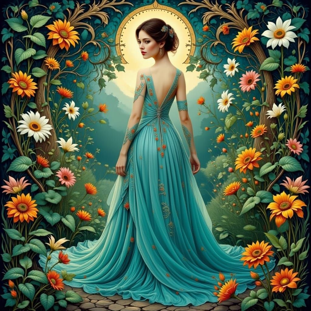 Art Nouveau Woman in Enchanting Garden at Twilight