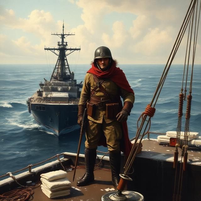 SOLDIER STANDING ON THE DECK OF AN AIRCRAFT CARRIER.