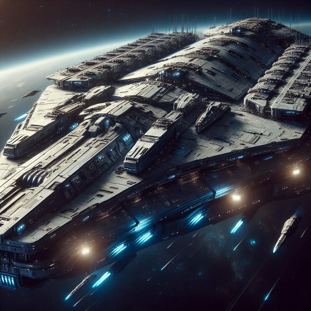 A massive capital spaceship looms in deep space, bristling w...