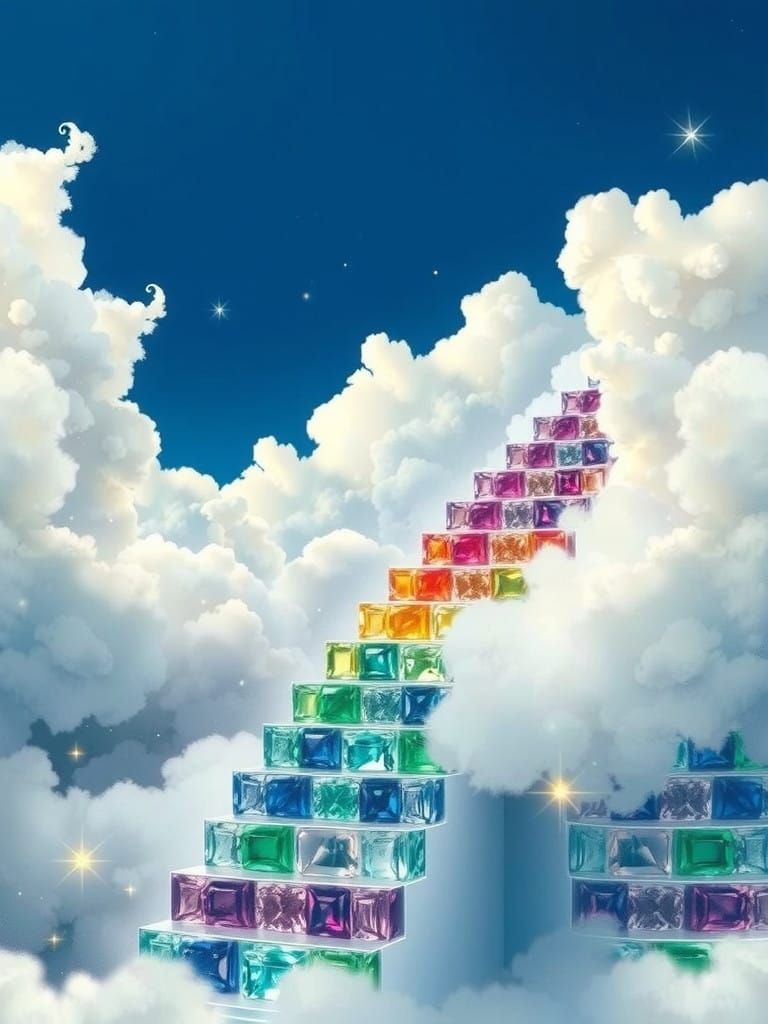 Spiraling Staircase of Gemstones Ascends into Dreamy Clouds