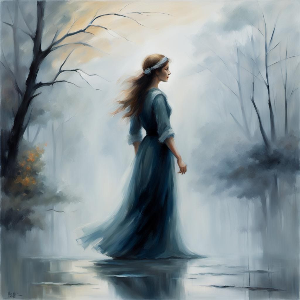 A mysterious female figure is emerging from the mist