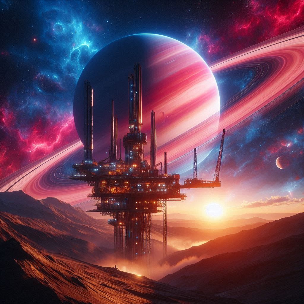 sci-fi drilling platform on Titan. Saturne rising over the horizon.