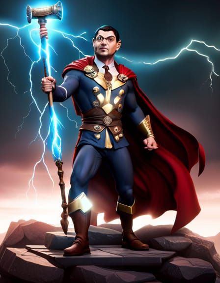 Mr Bean Thor hybrid holding mjöllnir summoning lightning a masterpiece ...