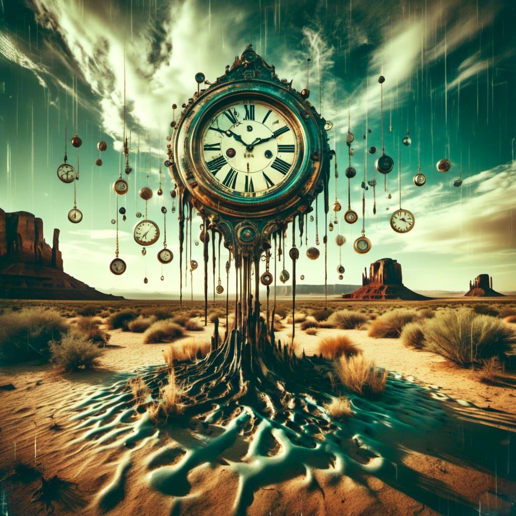  <lora:GrungeRetro2:1.0> A clock with melting numbers, floating above a desert landscape