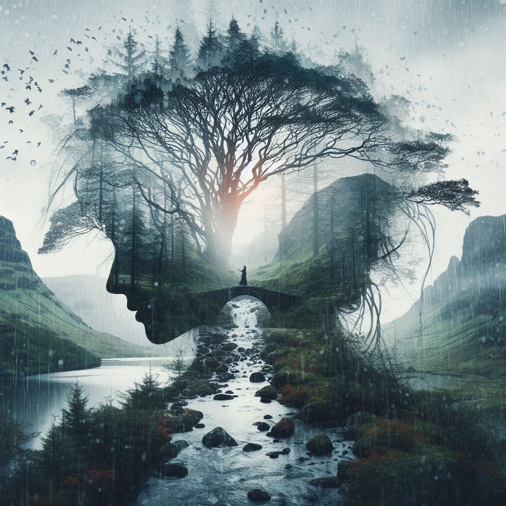 double exposure beautiful fantasy DALL-E 3 portrait landscape..