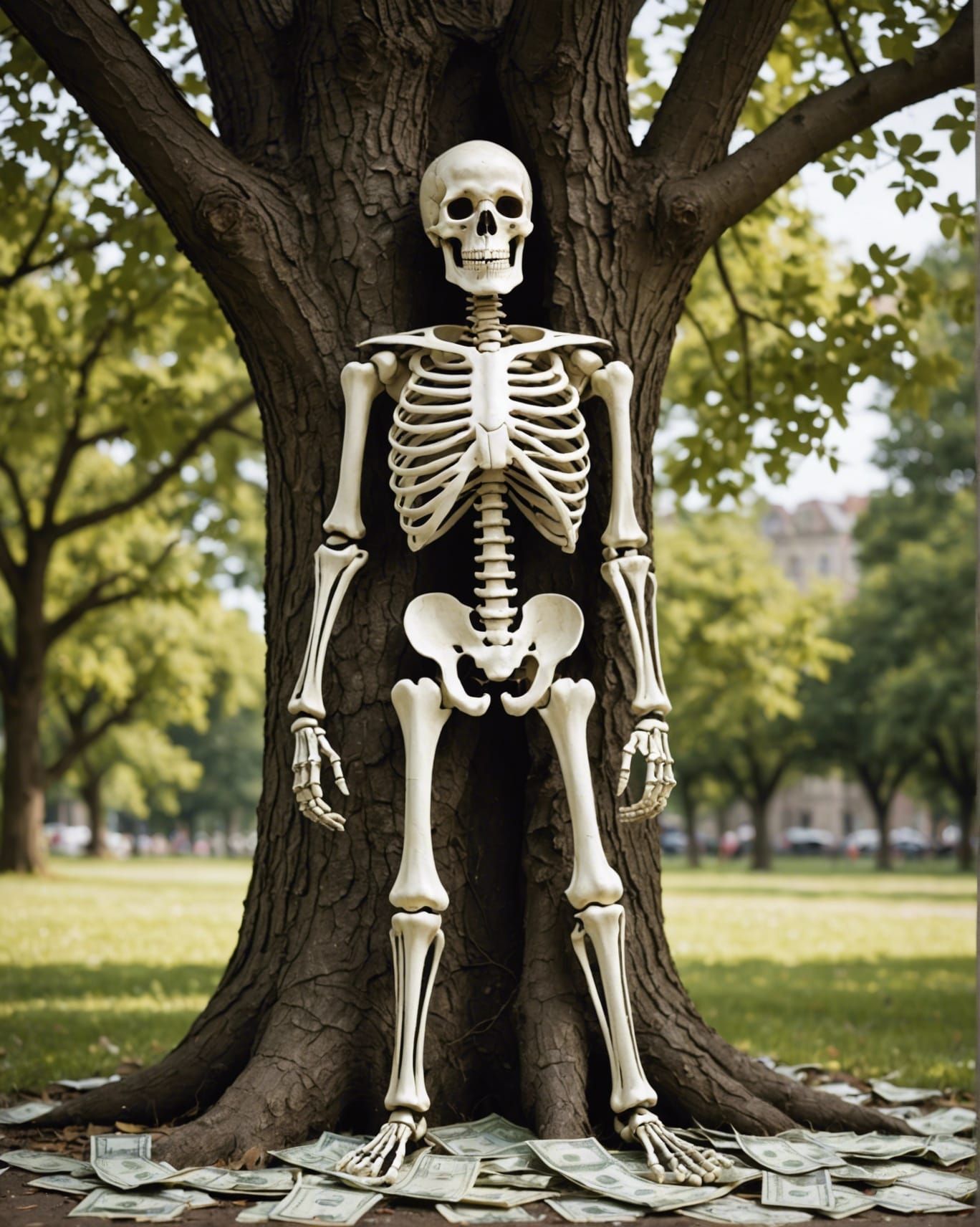 Skeleton standing by tree made of money 