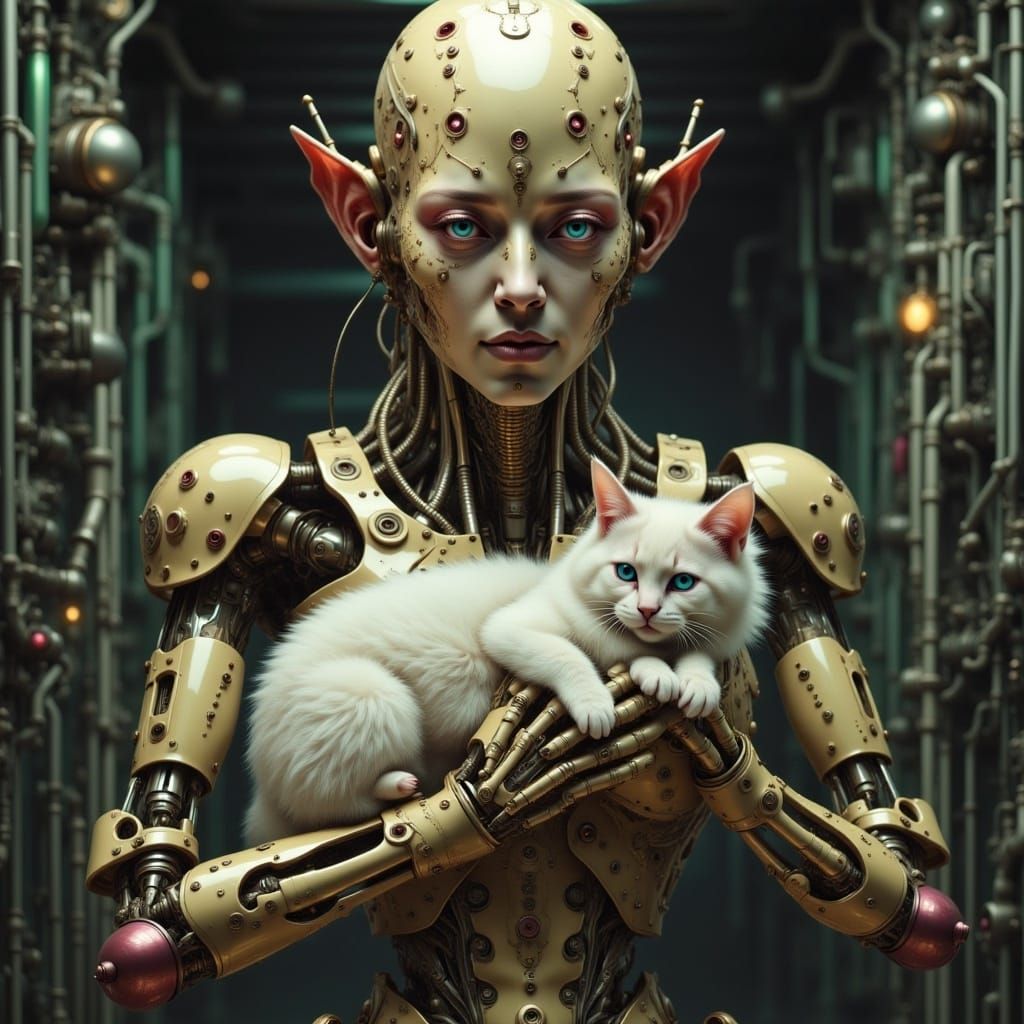 machine cyborg android old lady holding a fluffy fat cat by Luis Royo and Junji Ito and Kentaro Miura and Beksinski and Giger <lora:Intricat...