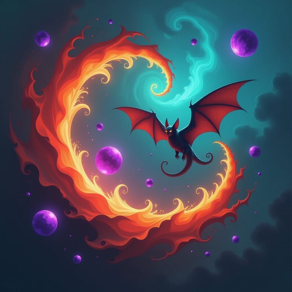 Mystical Bat with Swirling Energy and Glowing Orbs