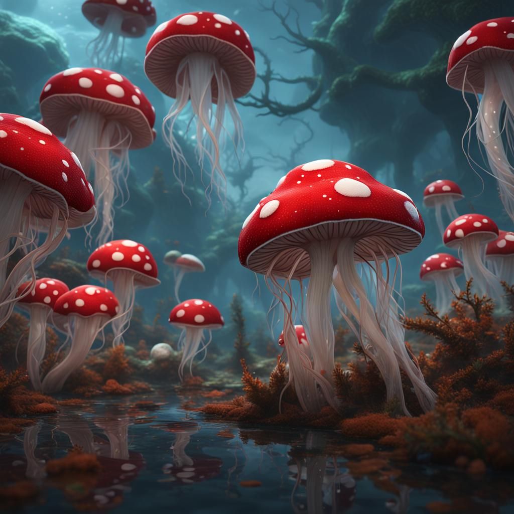 Giant red and white dot Mushroom jellyfish  by @Piggieverse