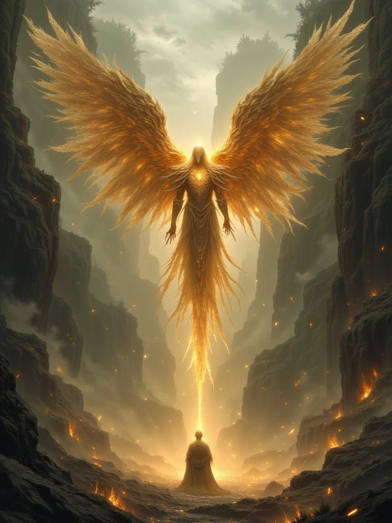 A seraphic figure with enormous wings made of drifting ash descends through a smoke-filled canyon. Each feather disintegrates into glowing e...