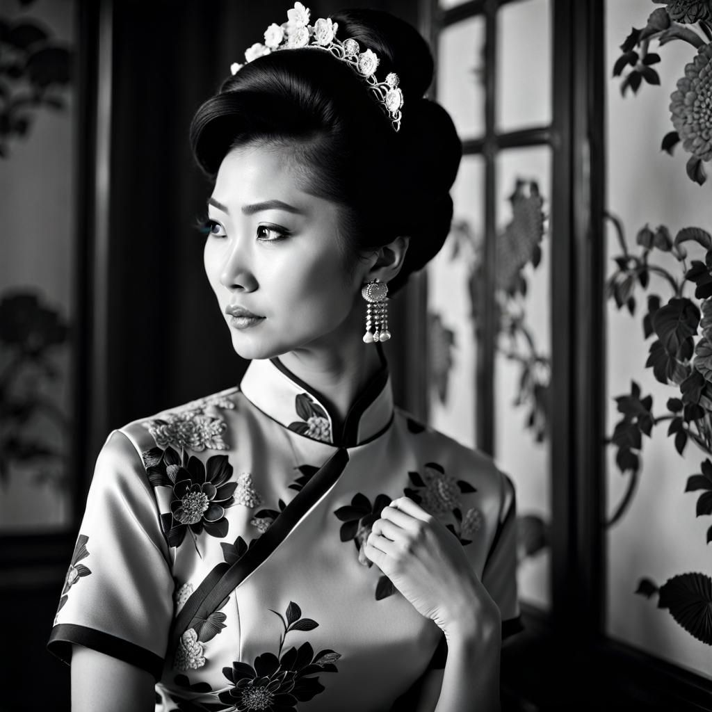 A woman wearing a qipao dress with a floral design