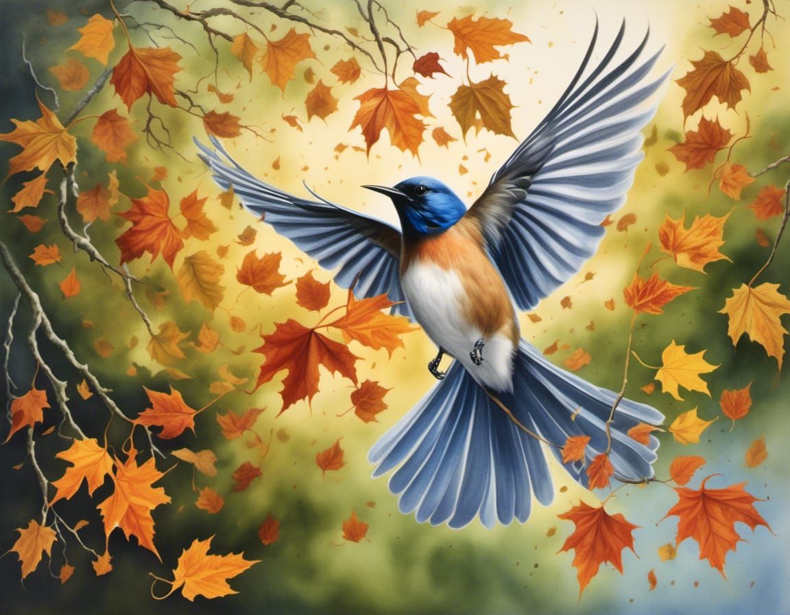 Watercolor painting of a songbird flying through the sky in a windstorm with leaves swirling all around.  detailed matte painting, dynamic l...