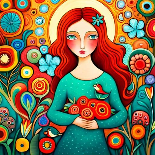 girl with birds, flowers, fairytale, magic realism, mysterio...
