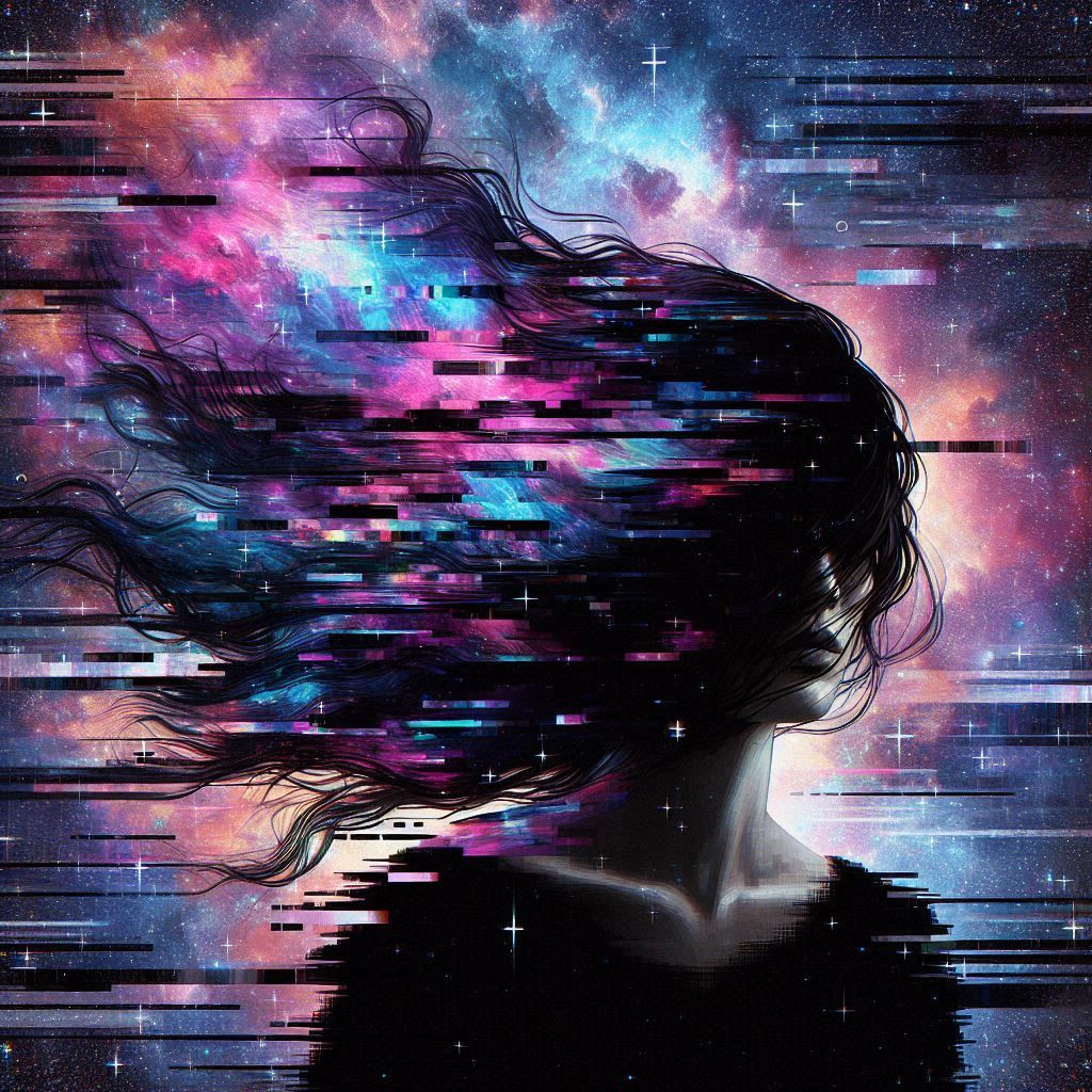 The woman's dark hair is a key element of the artwork, seemingly dissolving into a digitally glitching, night sky behind...
