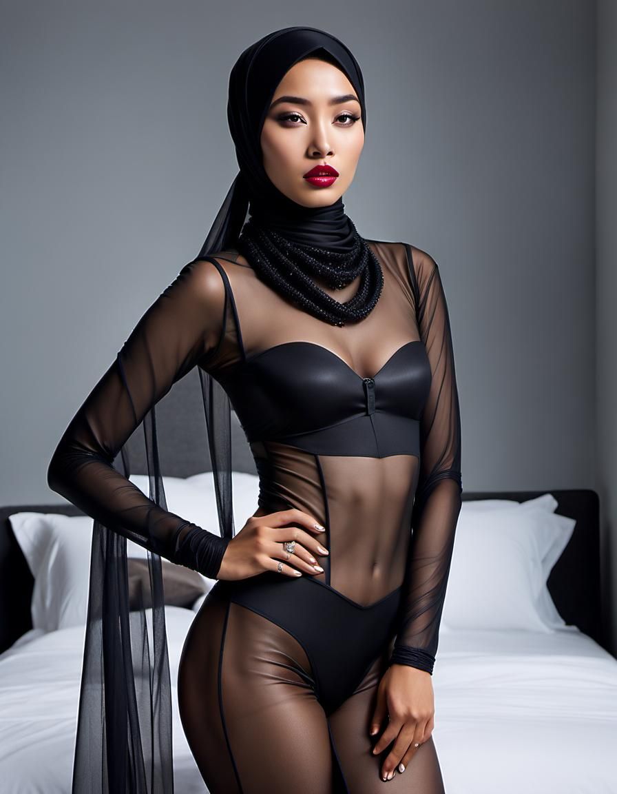 Beautiful slim woman wearing hijab and black underwear AI