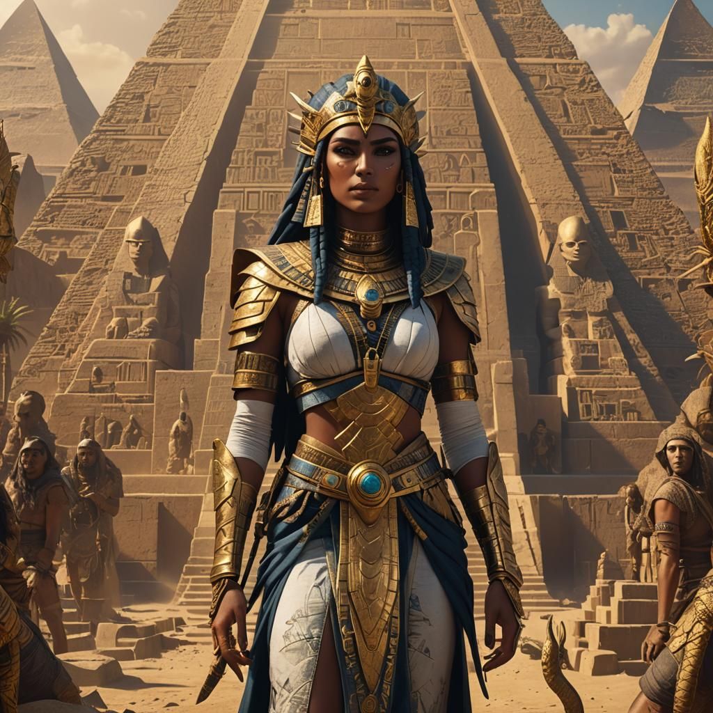 Lady ISIS standing in front of the pyramids with the golden ...