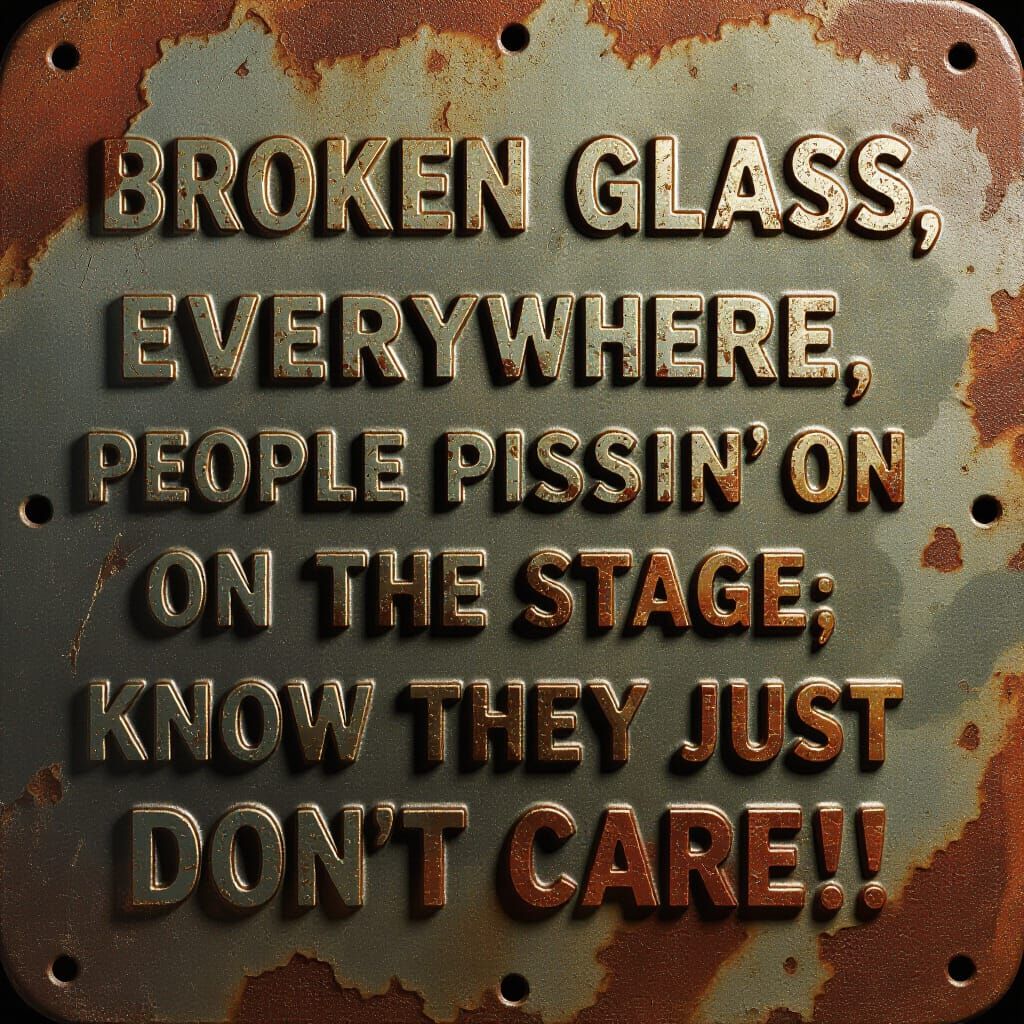 3d rusty vintage enamel tin sign reads: " Broken glass, everywhere. People pi55in' on the stage; you know they just don't care!"