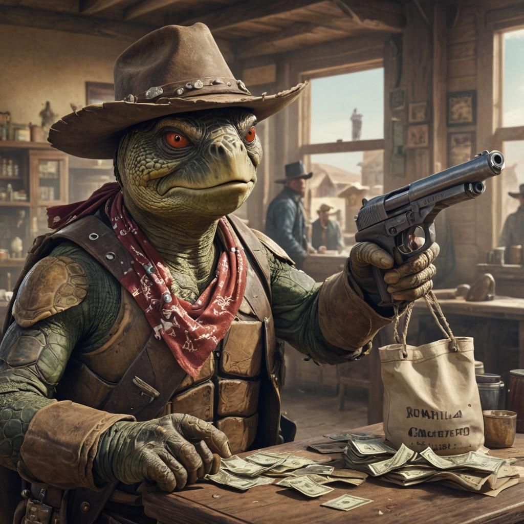 A turtle holding up a bank in the old west