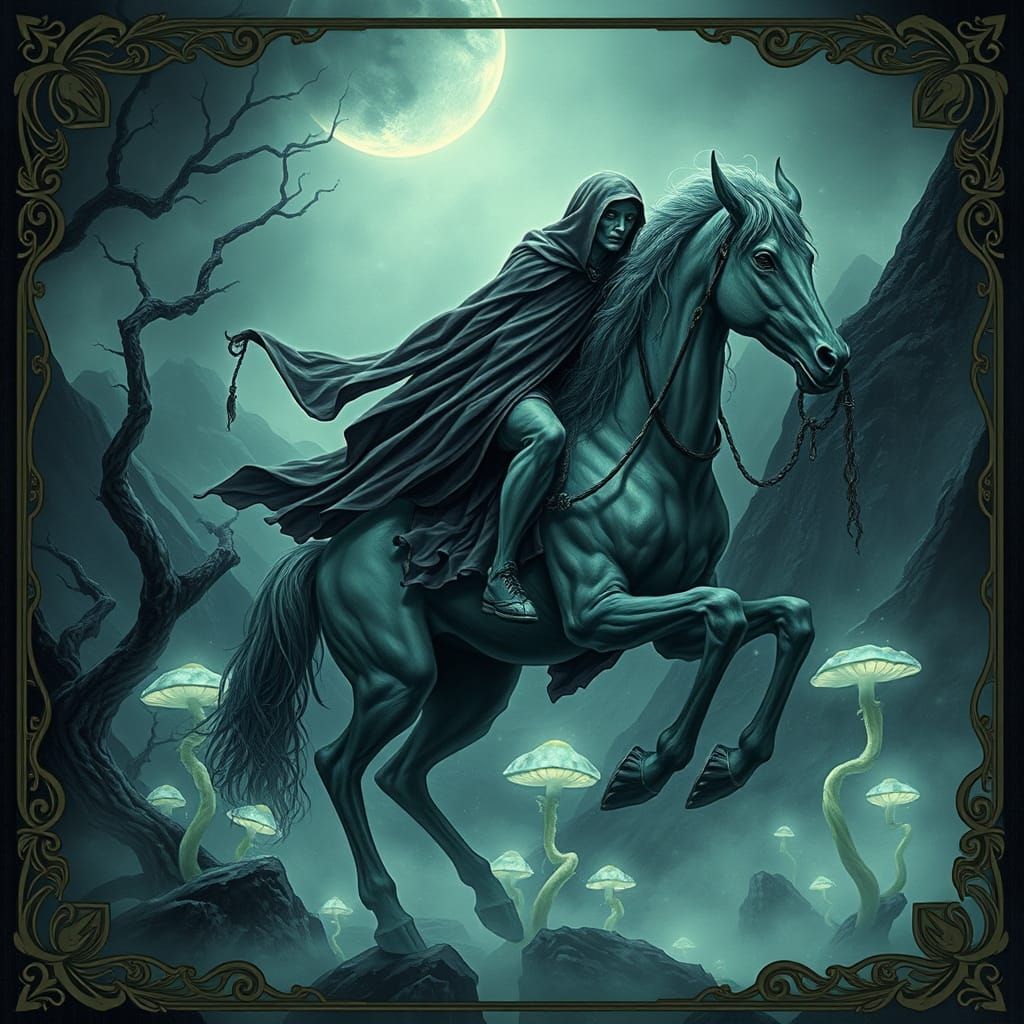 A spectral figure riding a surreal horse, with a dark, twist...
