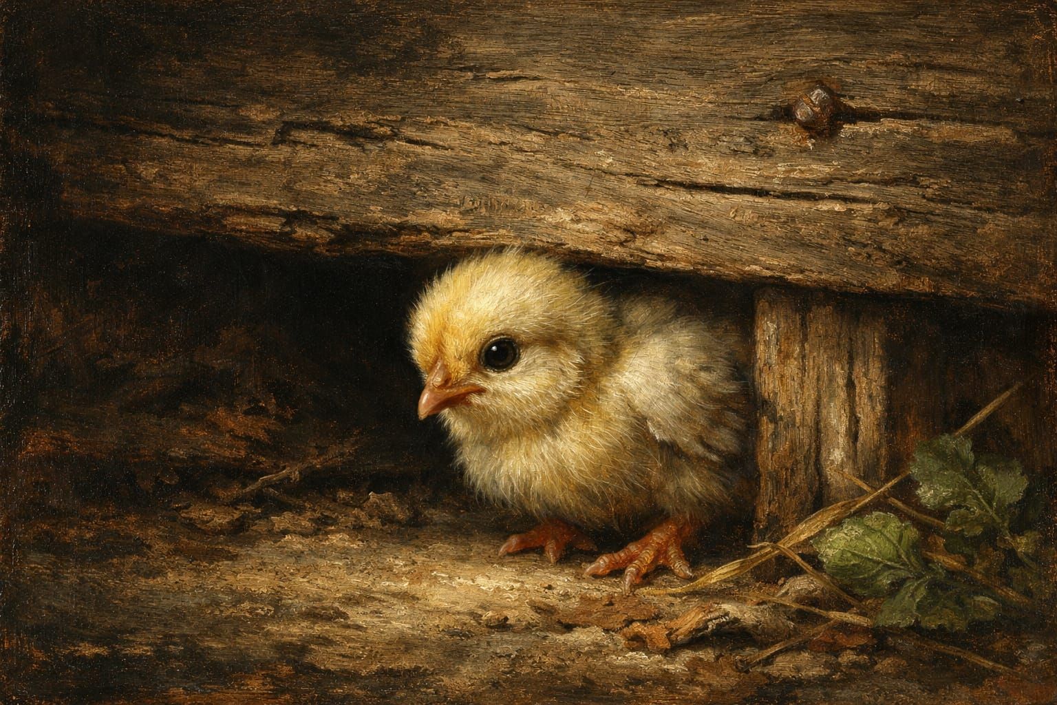 Old Dutch painting. A young chick cautiously peeks out from under a hiding place.   by @Terra