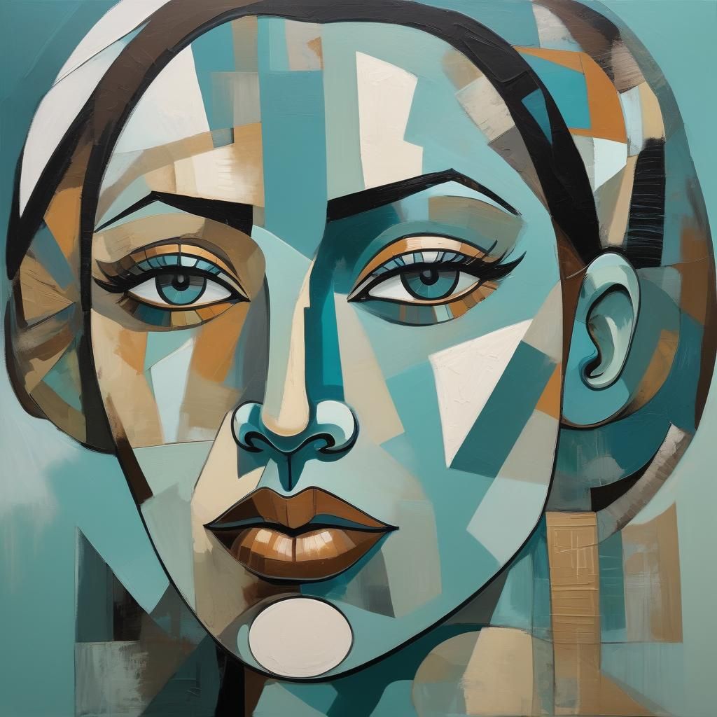 (cubist oil Painting) of double exposure layered art close up portrait of A beautiful mysterious woman and a lake in the mountains moonscape...