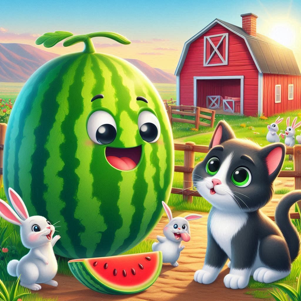 A living watermelon talking with a cute black and white Kitt...