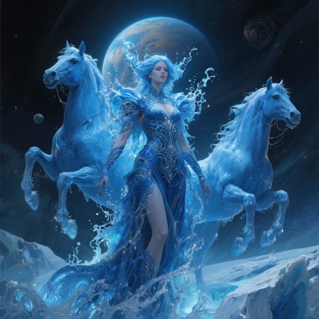 personification of Ice Giant planet Neptune, female, water blue horses, full body portrait, 8k resolution concept art portrait by Greg Rutko...