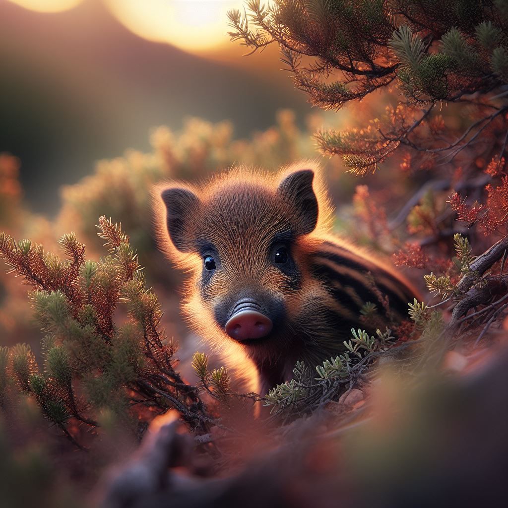 Baby wild boar peeking out in Corsican maquis.