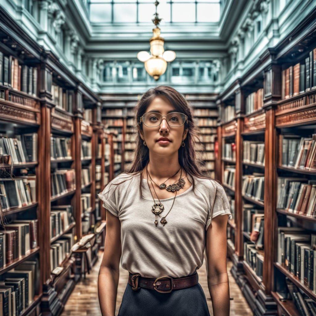 A lady in a public library, intricate details, HDR, beautifully shot, hyperrealistic, sharp focus, 64 megapixels, perfect composition, high ...