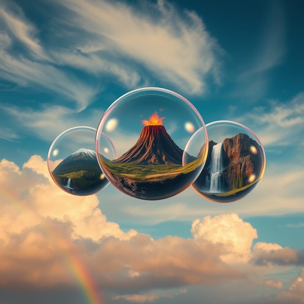 bubbles float in the sky, each containing a miniature world   by @Nuts