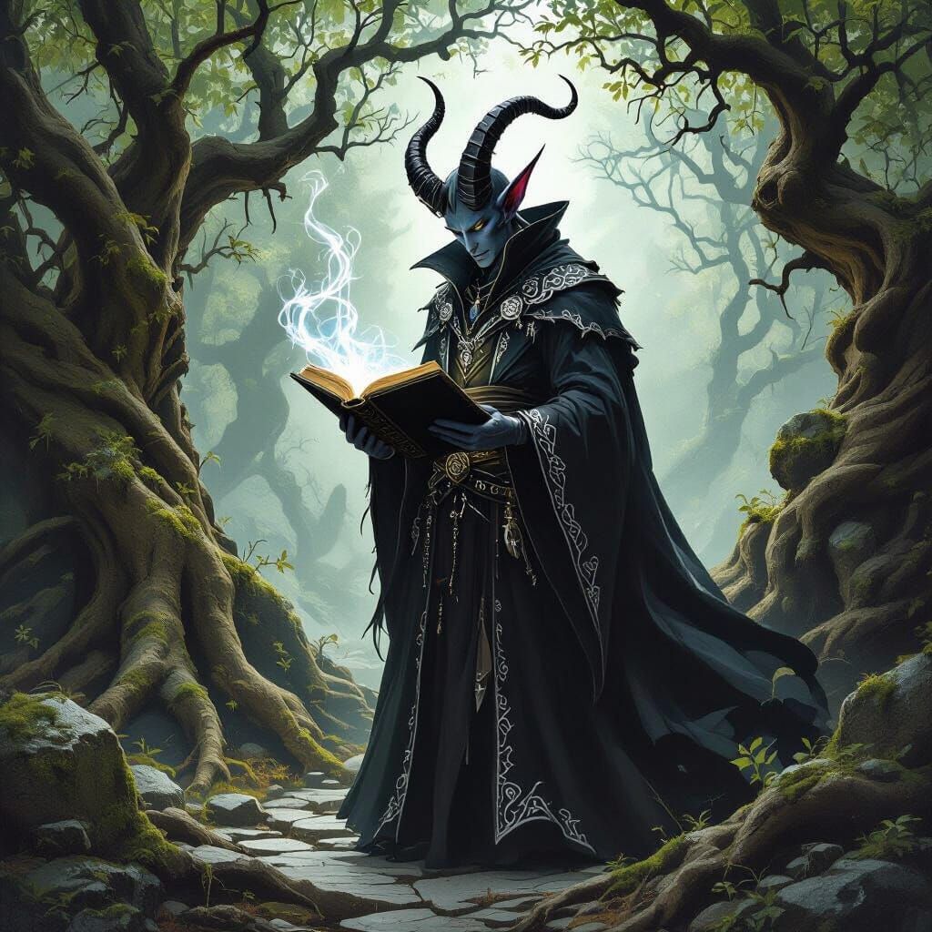 Tiefling warlock with a forbidden tome of dark magic.